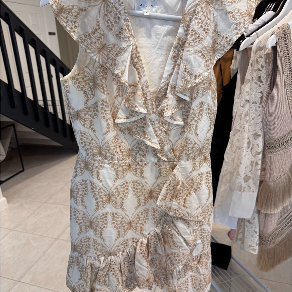 Milly White and Gold Butterfly Ruffle Wrap Dress